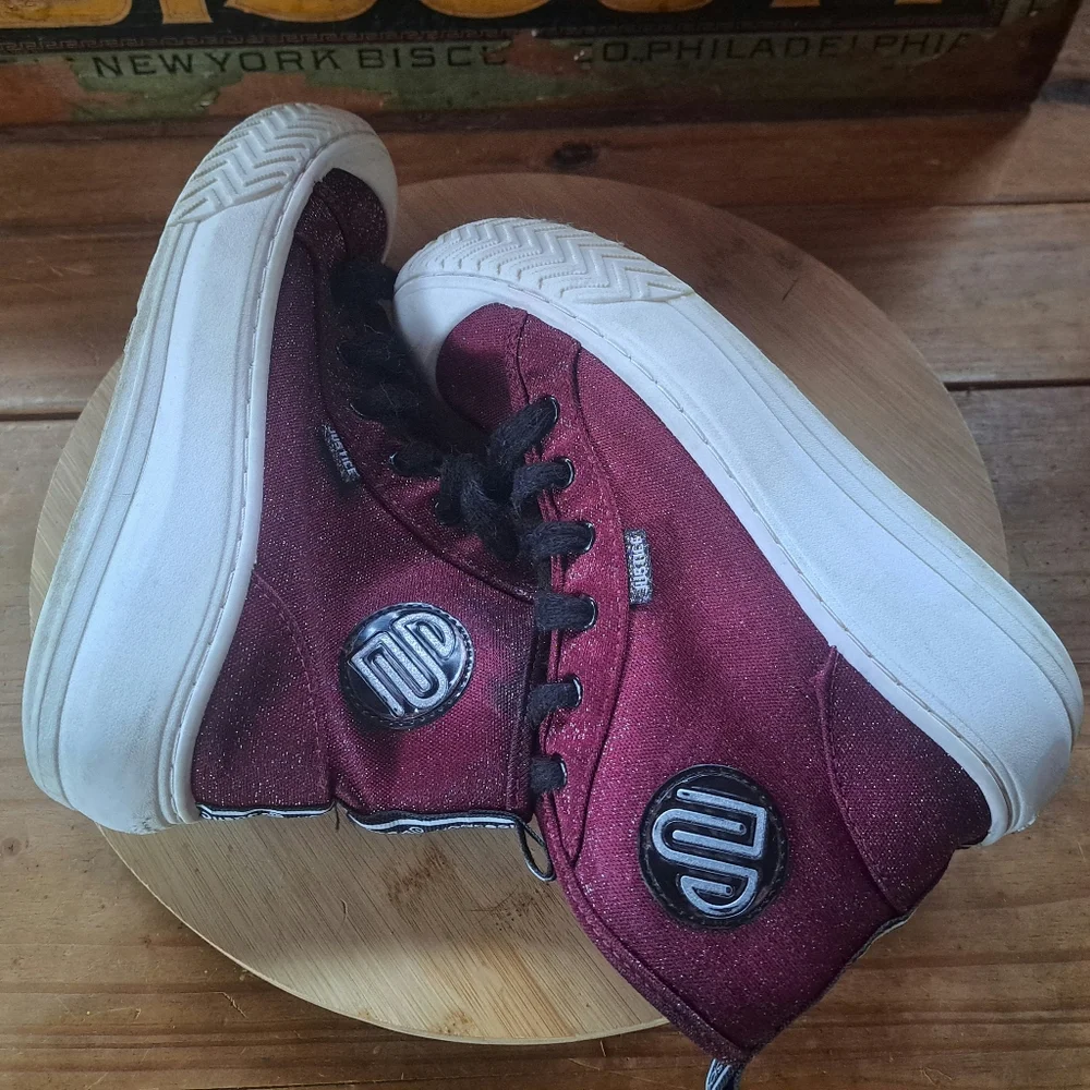 Justice Kids High Top Sneakers Size 4 Burgundy Glitter Lug Sole Casual Shoes
